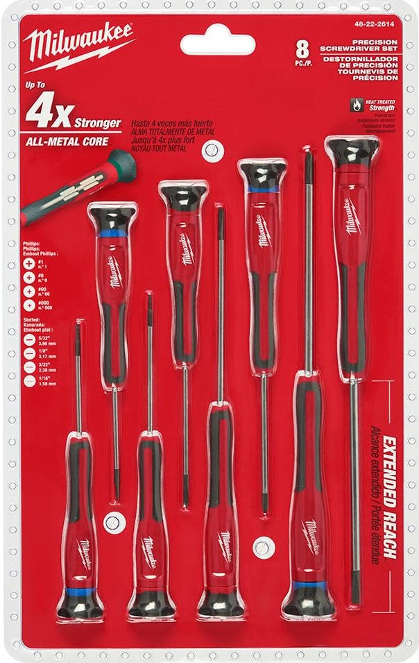 Eight-piece Milwaukee precision screwdriver set with varied flathead and Phillips tips for detailed tool use