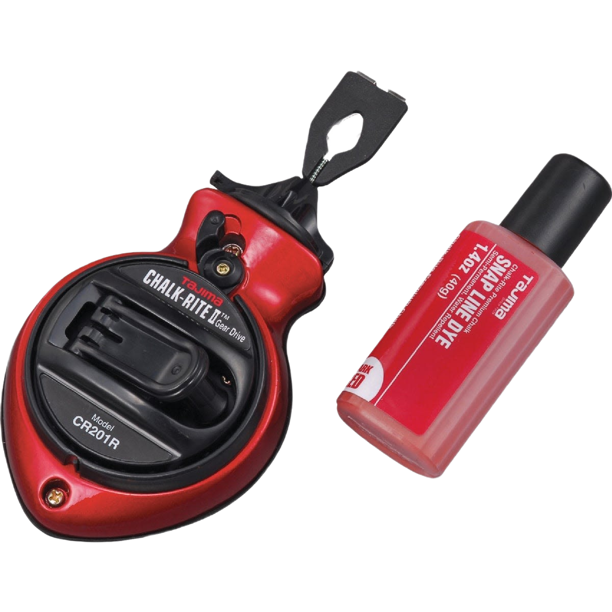 Red chalk line reel with belt clip and red chalk refill bottle for woodworking and measuring tools collections under $50