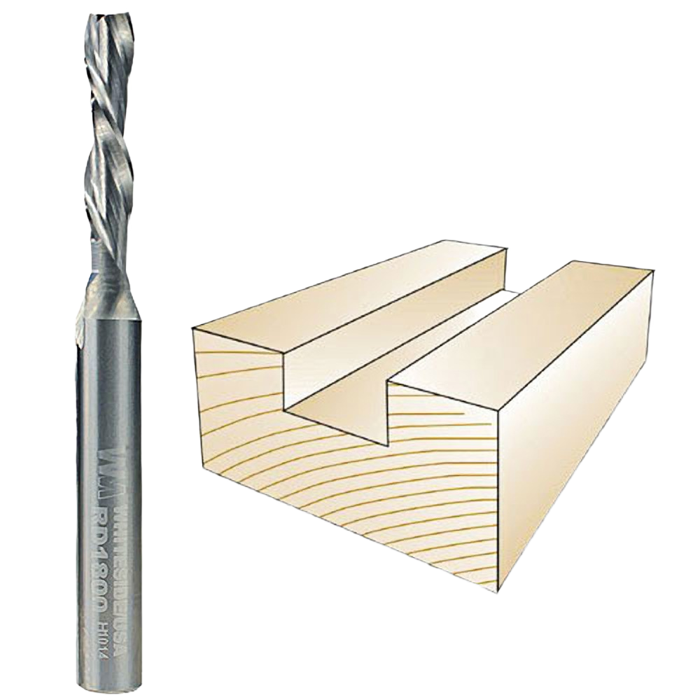 Whiteside spiral downcut router bit with wood groove illustration for woodworking and tool accessories use