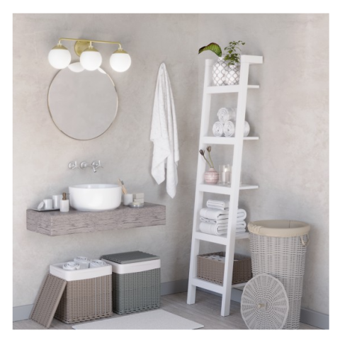 Three-light modern brass bathroom vanity fixture with frosted globe shades above a floating sink and mirror