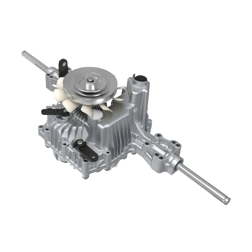 Metal transaxle assembly with fan blade and pulley for outdoor equipment and home improvement use
