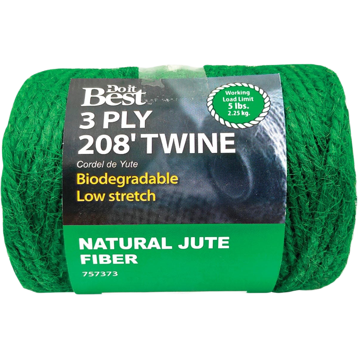 Green 3-ply biodegradable jute twine spool with product label highlighting strength and natural fiber for home improvement tasks