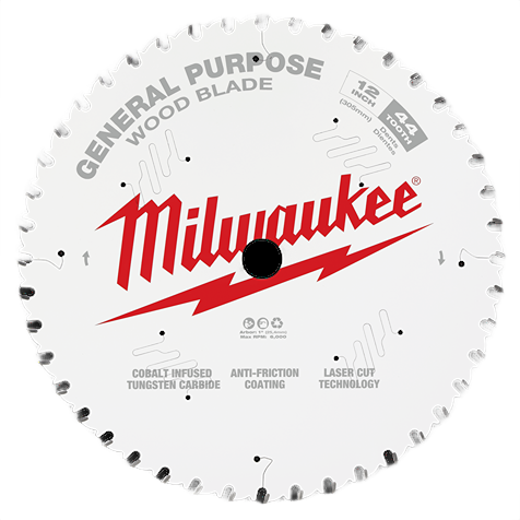 12-inch circular saw blade with 44 teeth, cobalt tungsten carbide tips, and anti-friction coating for wood cutting tasks