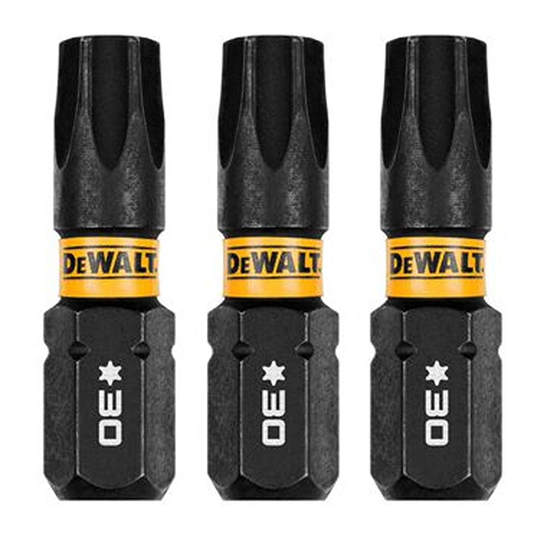 Set of three black and yellow 1 inch T30 flex torque drill bits for power tool accessories and home improvement