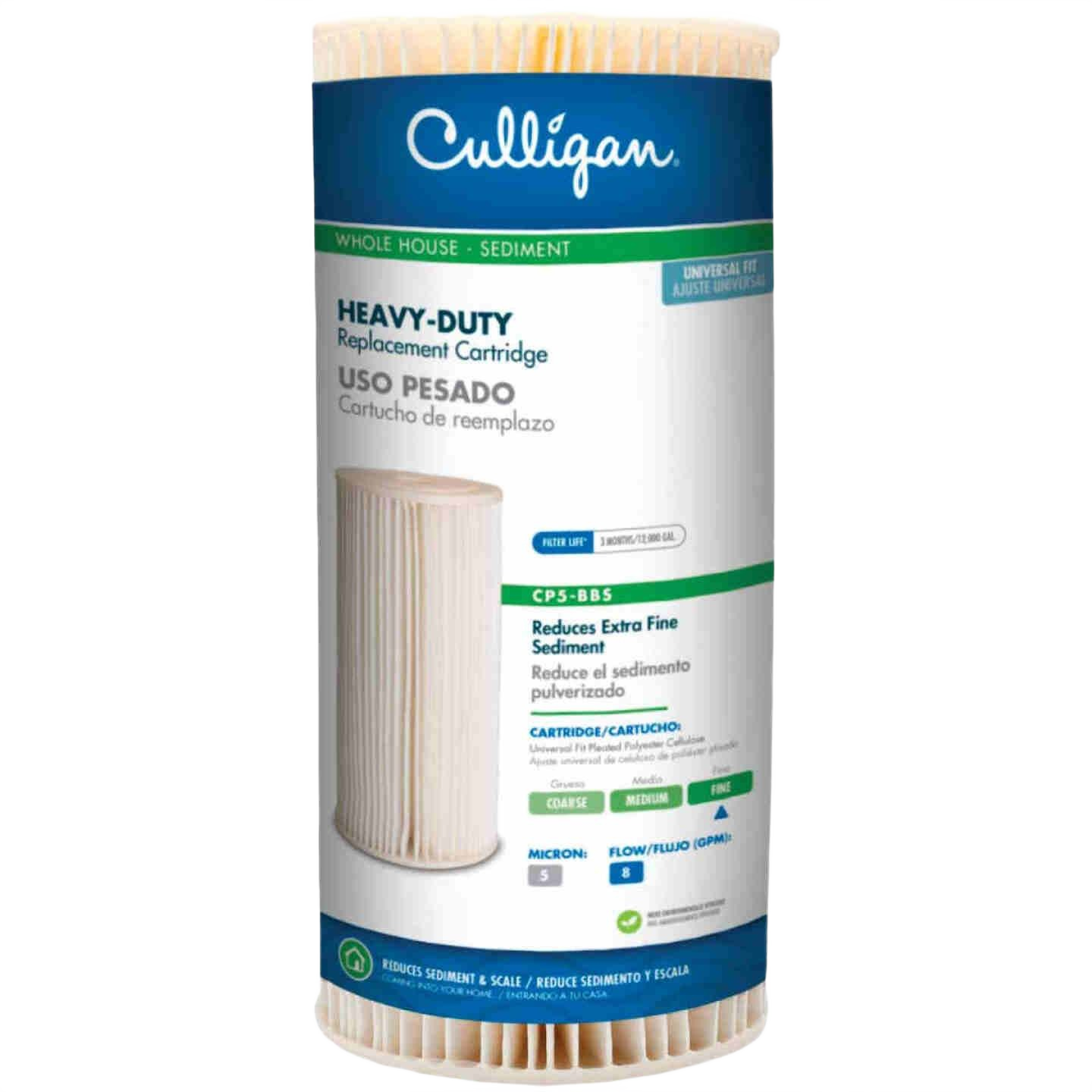 Tall cylindrical water filter cartridge with accordion-style pleats for heavy-duty fine sediment reduction in home improvement systems