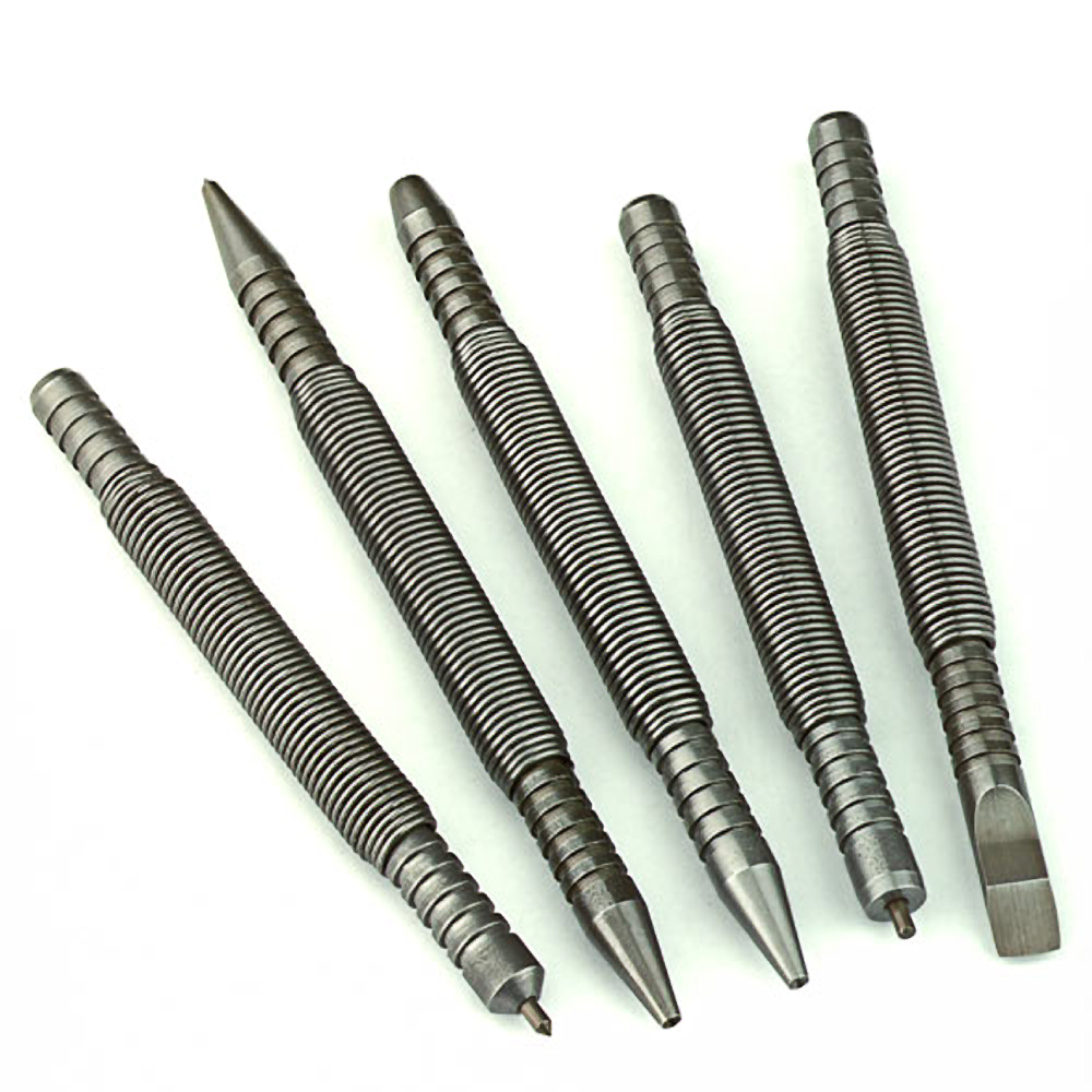 Set of five metal scratch awls and marking tools with grooved handles for woodworking and home improvement tasks