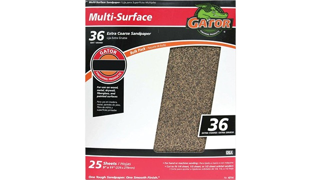 Gator 36-grit extra coarse sandpaper sheet for heavy-duty sanding on wood, metal, and painted surfaces in home improvement collections