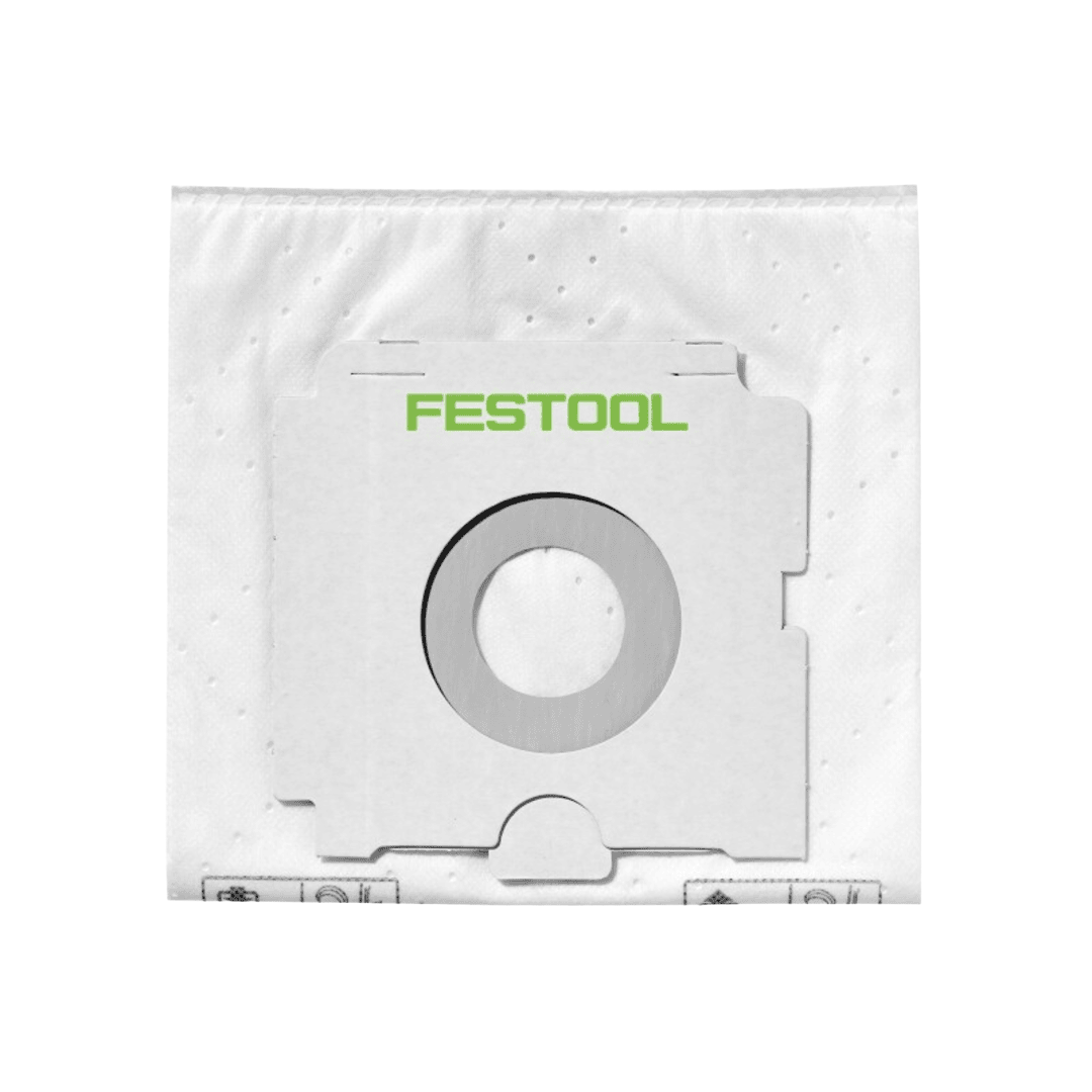 White self-cleaning filter bag with cardboard collar and green branding for dust management tools collection
