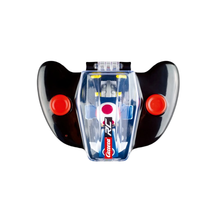 Compact black remote control with red buttons and a clear casing revealing a blue Carrera Mario Kart™ Mini RC Toad vehicle inside