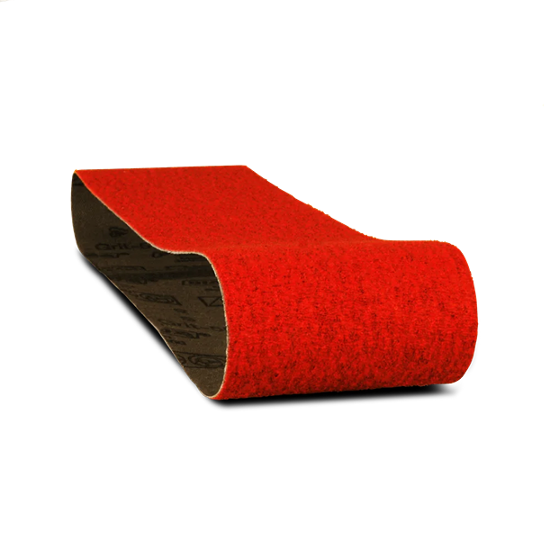 Red zirconium grain sanding belt designed for heavy-duty woodworking and sanding tool accessories.