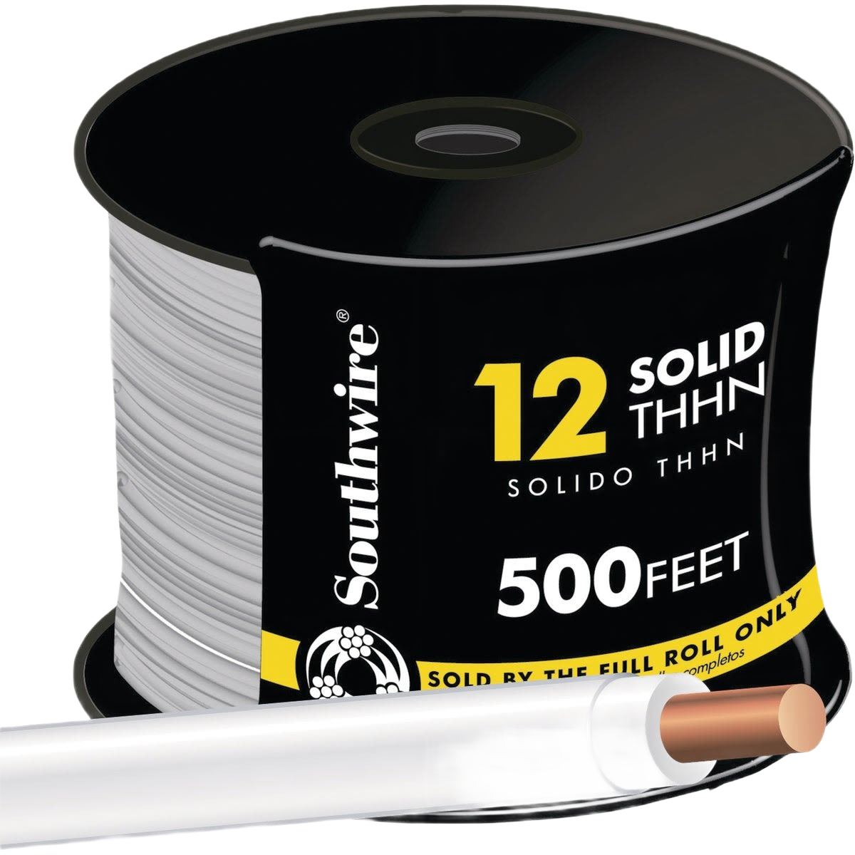 Spool of white 12-AWG solid THHN wire with exposed copper core for tools and home improvement use