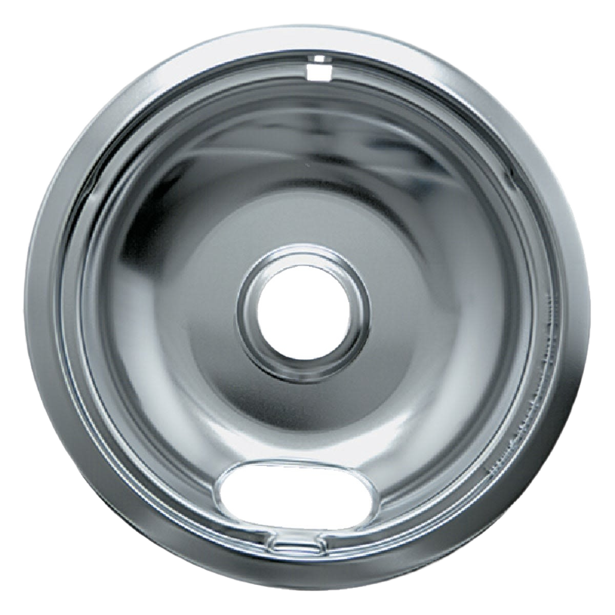 Heavy-duty chrome universal drip pan designed to fit most plug-in electric ranges in kitchenware collections.