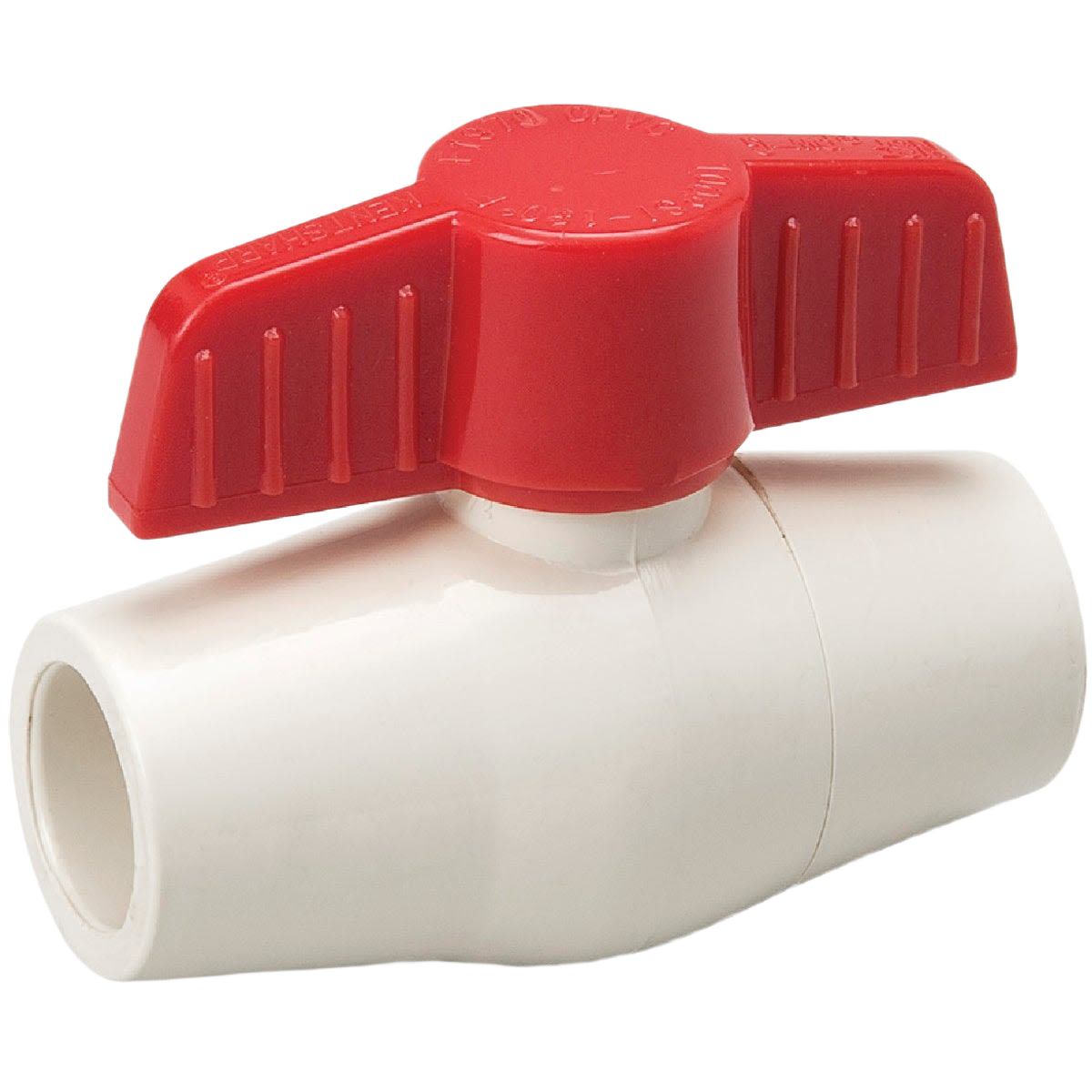 White CPVC ball valve with a red quarter-turn handle for plumbing and home improvement projects