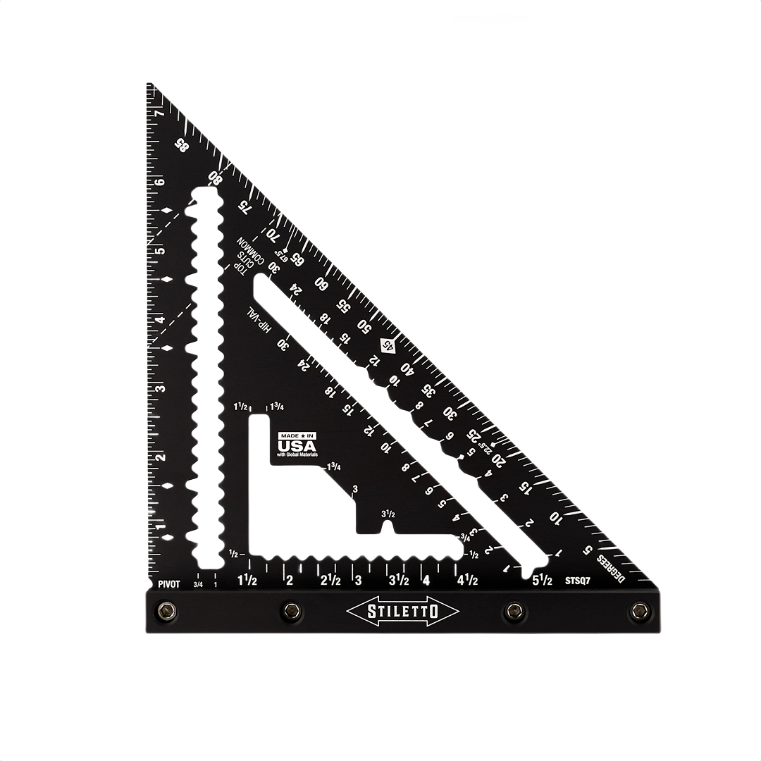 Black Stiletto carpenter square with layout notches for woodworking and measuring tools in home improvement sets