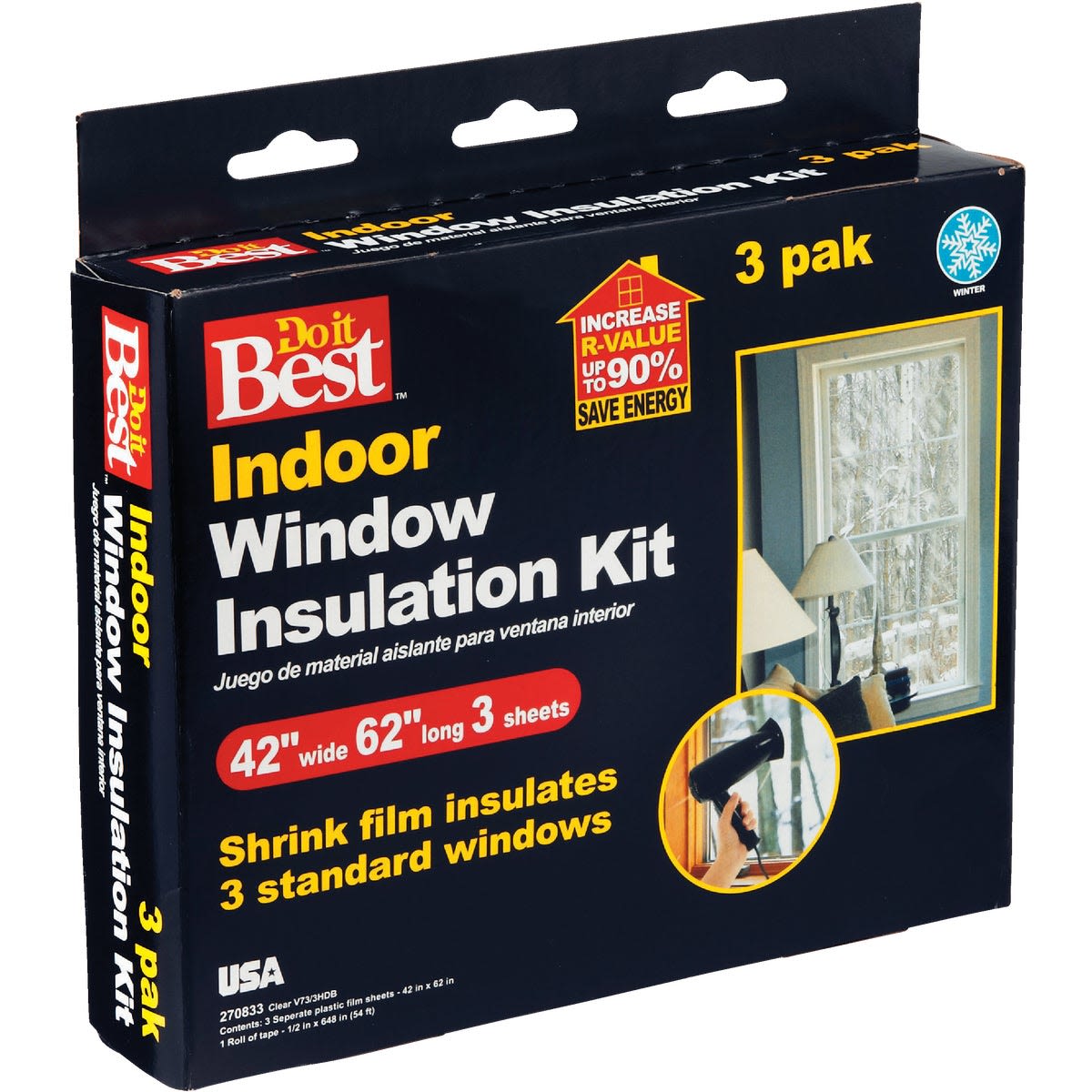 Indoor window insulation kit packaging with shrink film sheets for home improvement and energy saving in hardware collections
