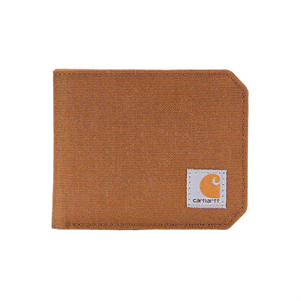 Brown nylon bifold wallet with durable fabric and small square logo patch for everyday carry and home improvement use