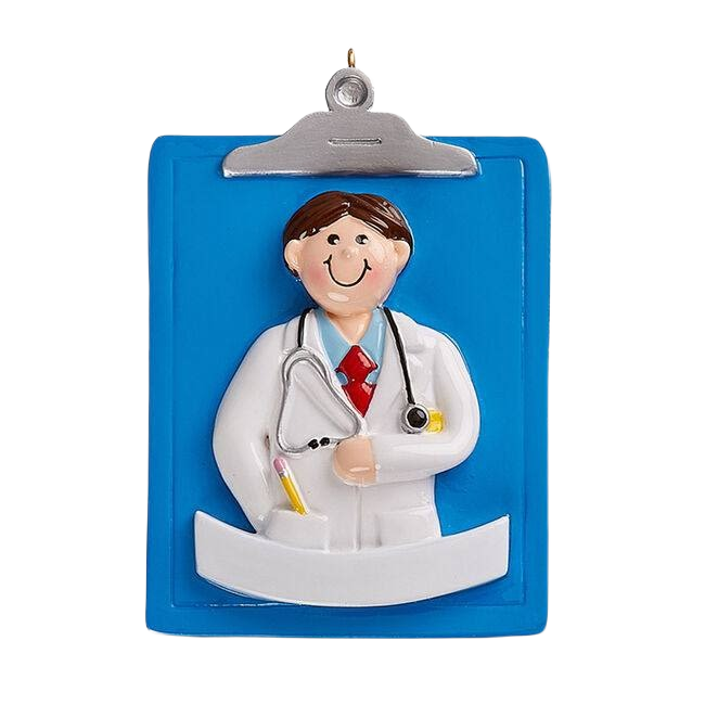 Blue clipboard ornament with smiling male doctor figure and stethoscope for Christmas tree decorations under $50 collection