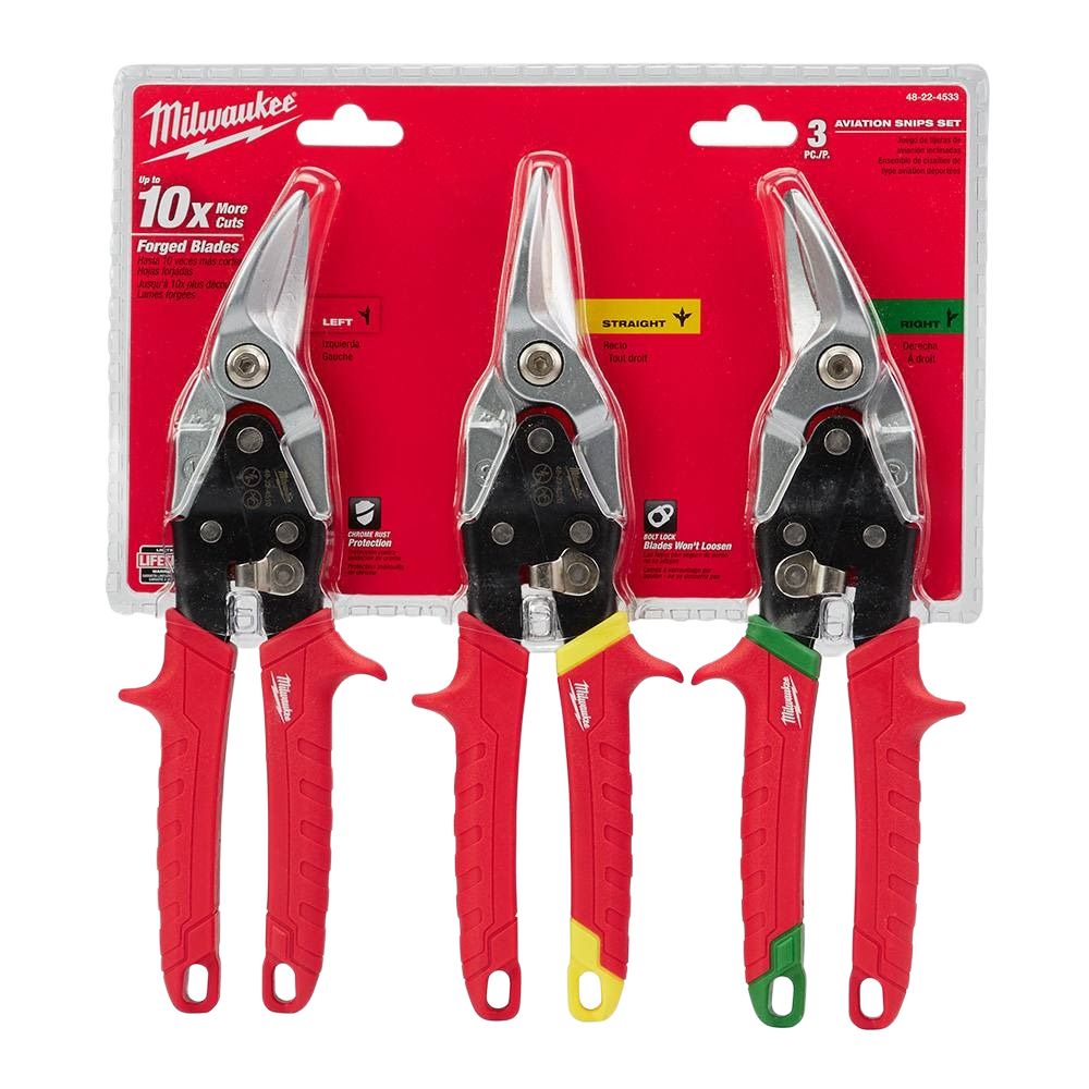 Set of three Milwaukee aviation snips with red handles, featuring left, straight, and right cutting blades for tools and home improvement projects
