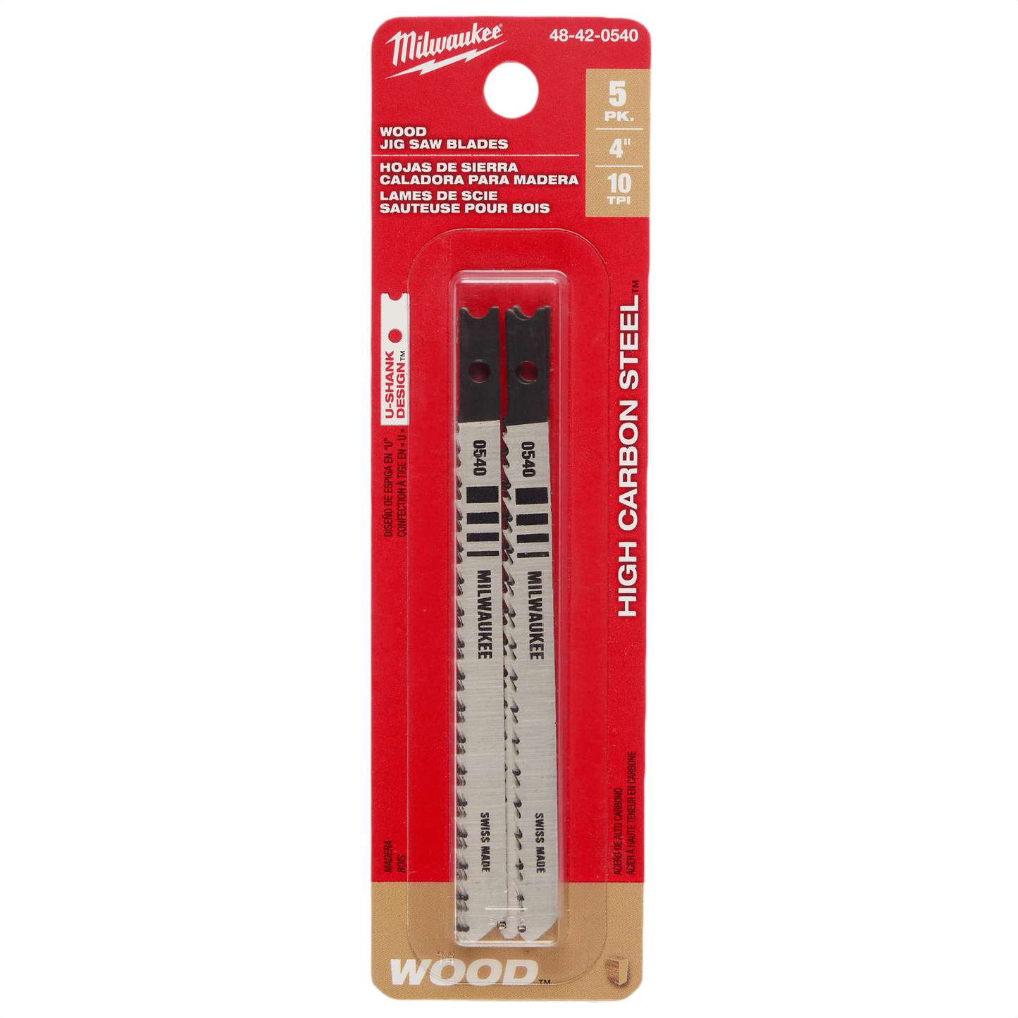 Pack of five 3-5/8 inch wood-cutting jigsaw blades with U-shank design for home improvement tools and projects