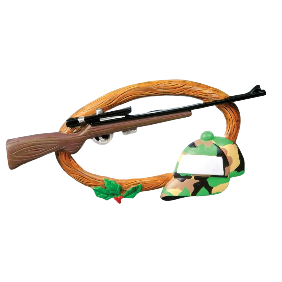 Wood-texture rifle and camouflage cap ornament with holly accent for Christmas Ornaments & Tree Decorations collection under $50