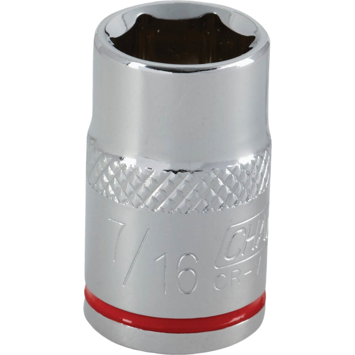 Chrome-plated 7/16 inch 6-point shallow socket with knurled grip, ideal for Hand Tools and Sockets & Ratchets collections