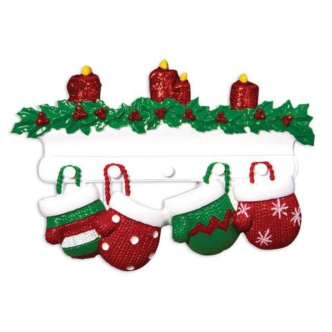 Festive Christmas ornament featuring red glitter candles and four red and green hanging mittens under 50 dollars decor