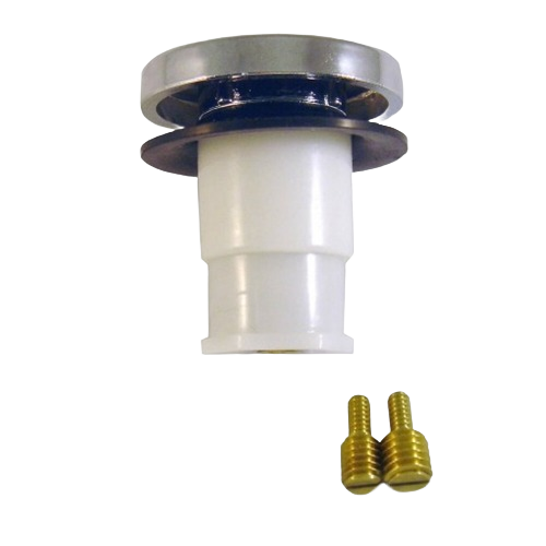Chrome touch-toe tub stopper with white plastic body and two brass screws for plumbing parts and repair projects