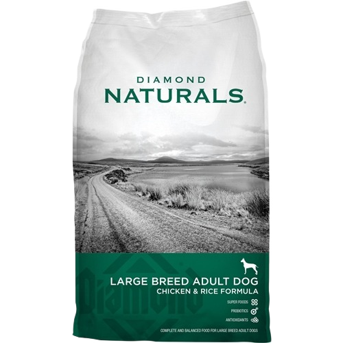 Large breed adult dog food bag with chicken and rice formula in green and white packaging from Dog Food collection