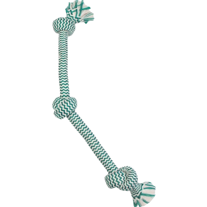 Green and white braided rope dog toy with three knots for interactive play in pet and toy collections under $50