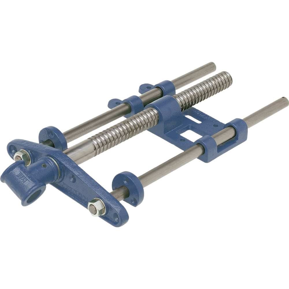 Blue metal woodworking vise with threaded screw and guide rods for clamping in tools and home improvement tasks