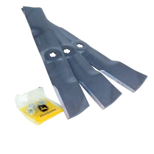 Set of three black steel mower blades with mounting holes and accompanying hardware for lawn equipment maintenance