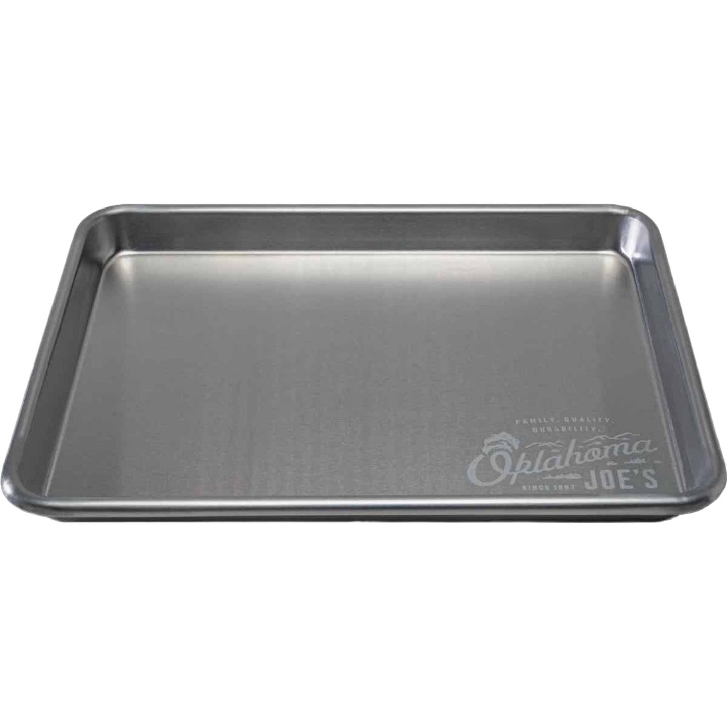 Rectangular aluminum serving tray with raised edges and Oklahoma Joe’s logo for grilling and outdoor servingware collections