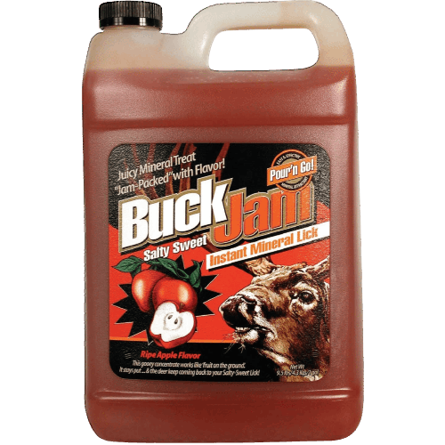 1-gallon jug of apple-flavored instant mineral lick for deer with pour spout and animal illustration on label
