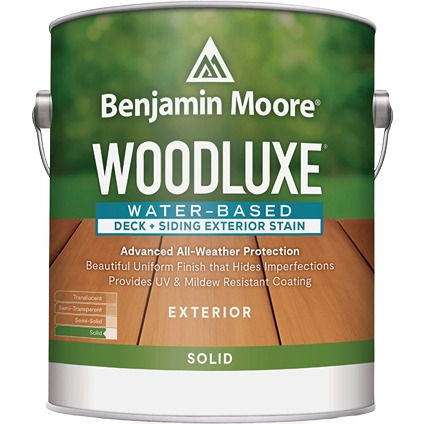 Benjamin Moore Woodluxe water-based solid exterior stain for decks and siding with UV and mildew resistance