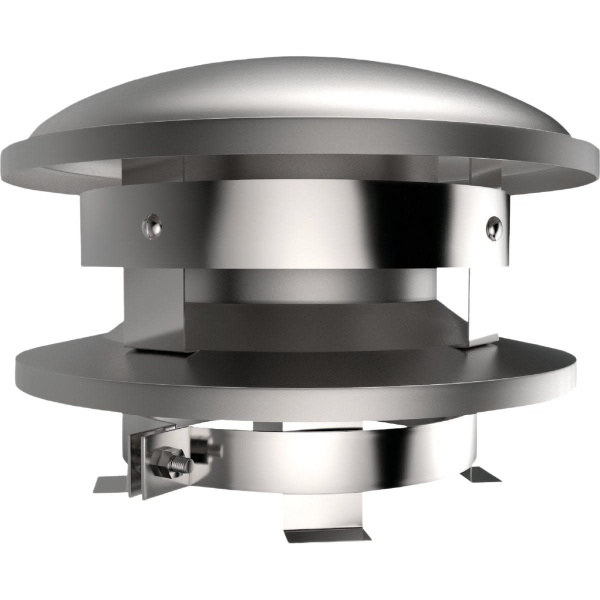 Round stainless steel chimney cap with dome and wind-deflecting skirt for plumbing and home improvement under $100 collections