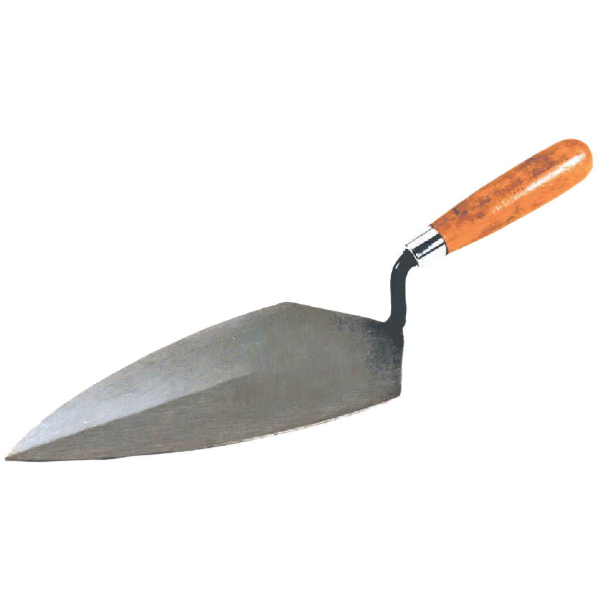 Wood-handled steel brick trowel with pointed blade designed for masonry and home improvement projects