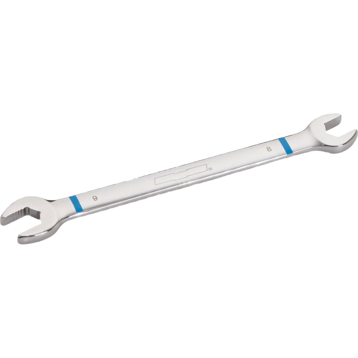 Double-ended 8mm and 9mm metric open end wrench with color bands for easy size identification in hand tools collection