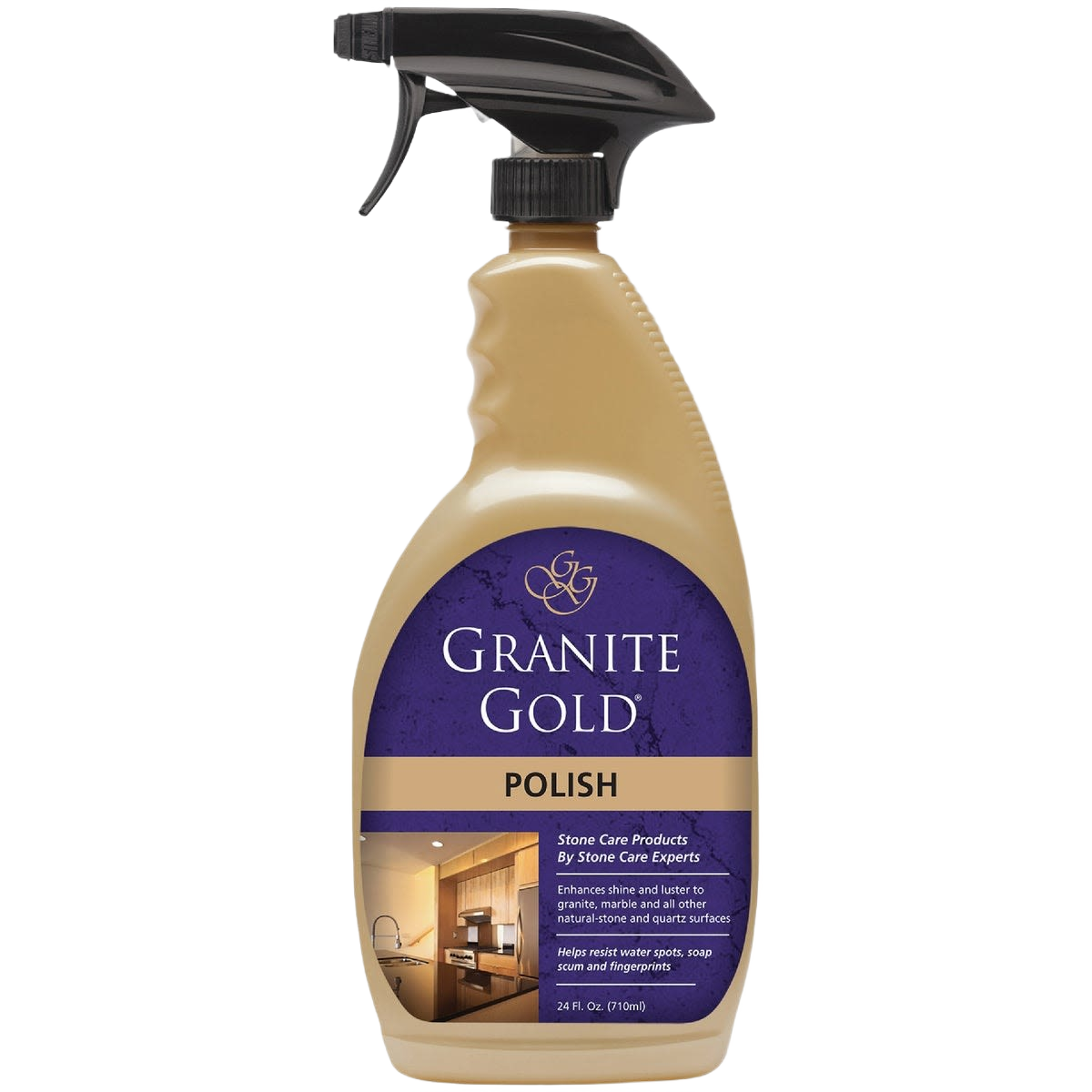 Beige spray bottle of Granite Gold stone polish with purple label showing kitchen countertop image for home care tasks