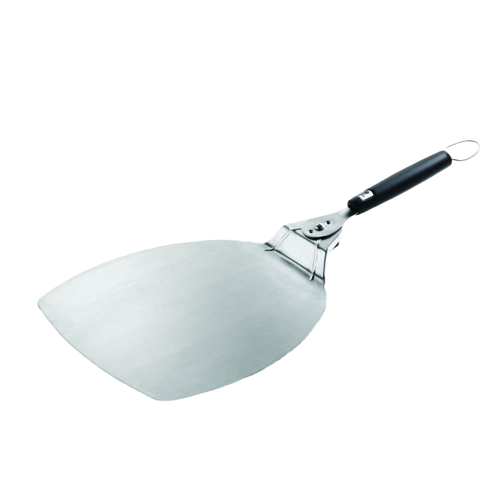 Stainless steel pizza paddle lifter with black handle for grilling tools and outdoor cooking accessories