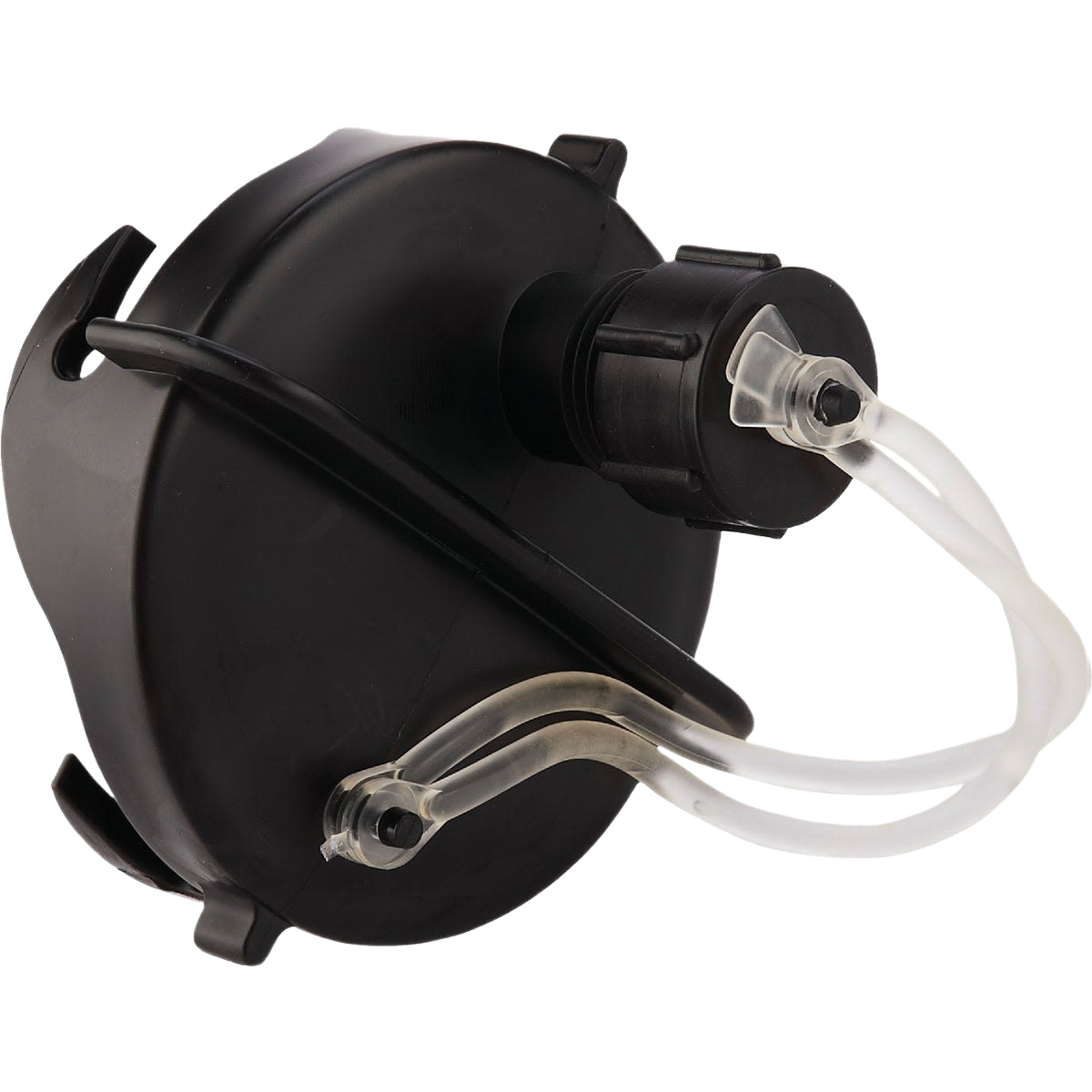 Black RV holding tank cap with attached flexible clear hoses for secure connection and leak prevention in home improvement tasks