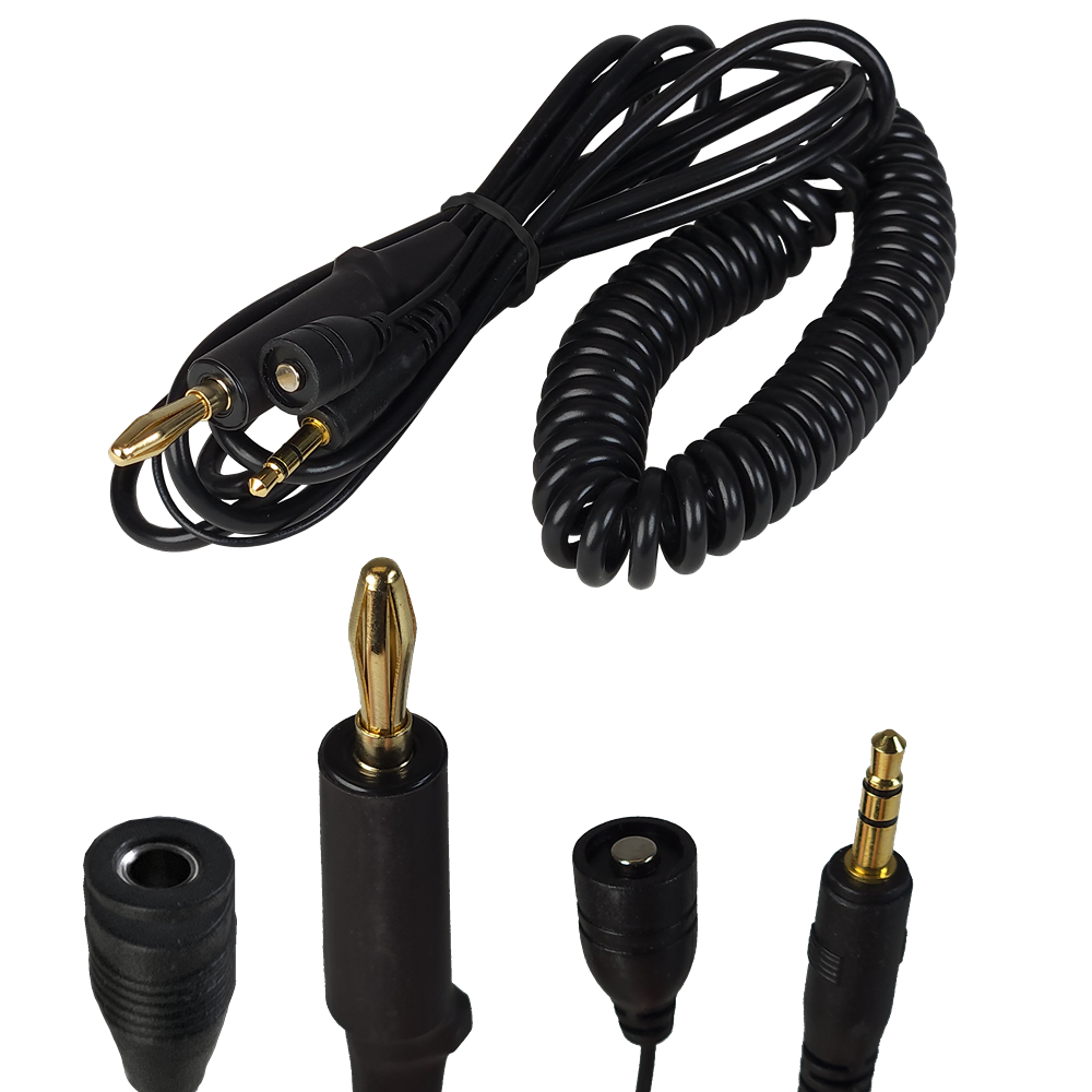 Black coiled and straight cables with gold connectors for precision CNC woodworking tool use in home improvement projects