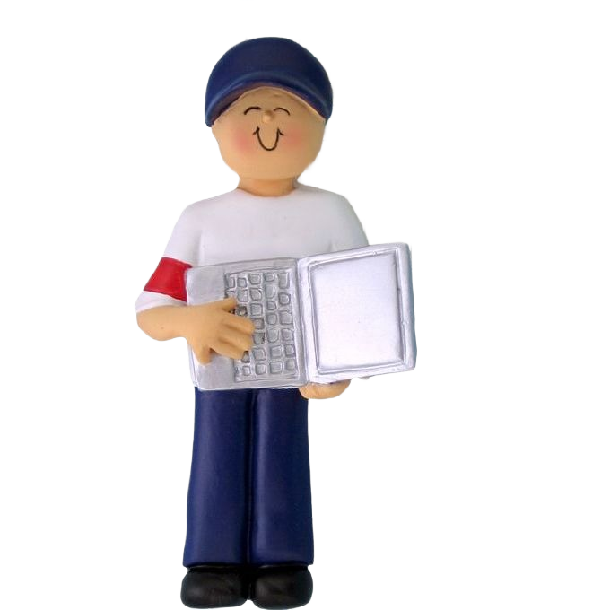 Cheerful ornament figure wearing blue hat and pants holding open laptop, from Christmas Ornaments & Tree Decorations under $50 collection