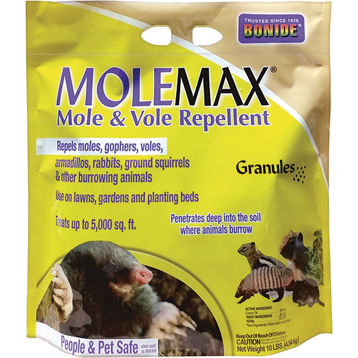 Yellow bag of Bonide Molemax granules for repelling moles, voles, and other burrowing animals in gardens and lawns