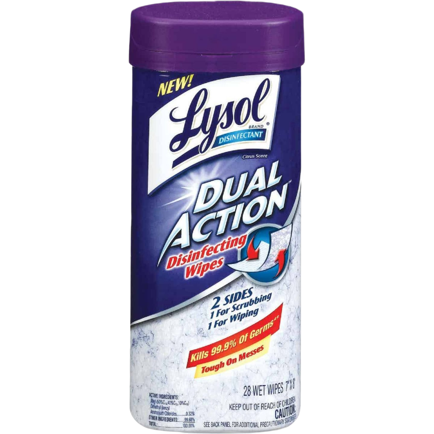 Container of dual action disinfecting wipes with citrus scent designed for home cleaning and germ removal tasks