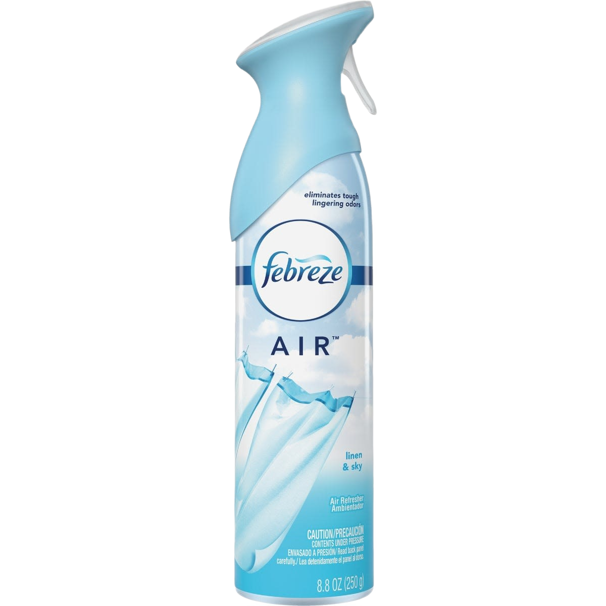 Blue-capped aerosol spray air freshener with linen and sky scent for eliminating odors in home environments