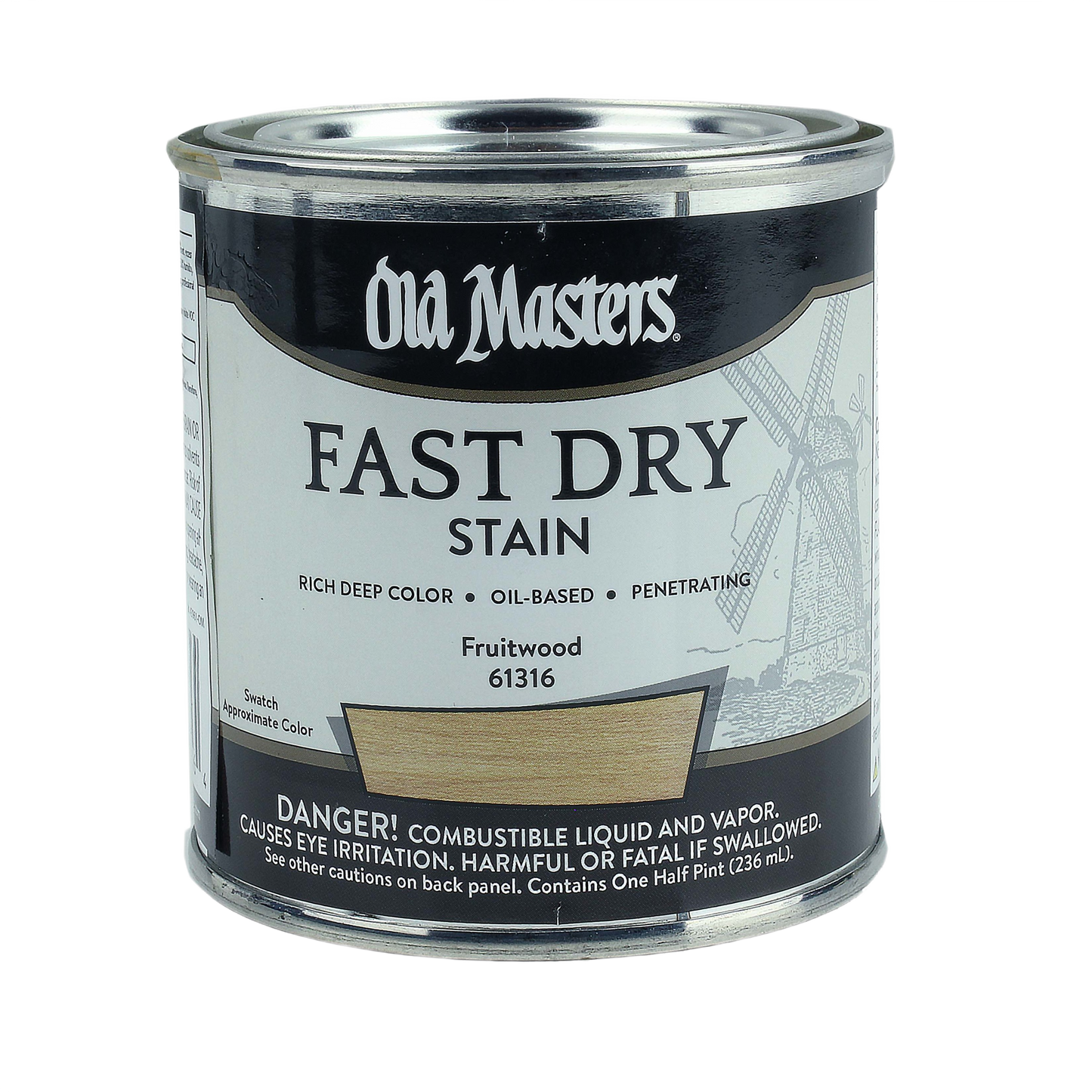 Can of Old Masters Fruitwood fast dry stain with oil-based, penetrating formula for home improvement projects