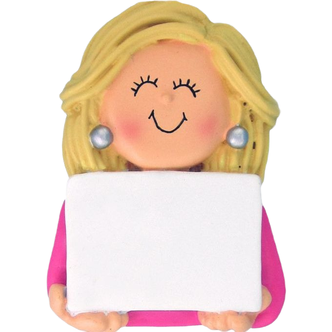 Smiling blonde female ornament with pearl earrings holding a blank white sign for Christmas decorations under $50 collection