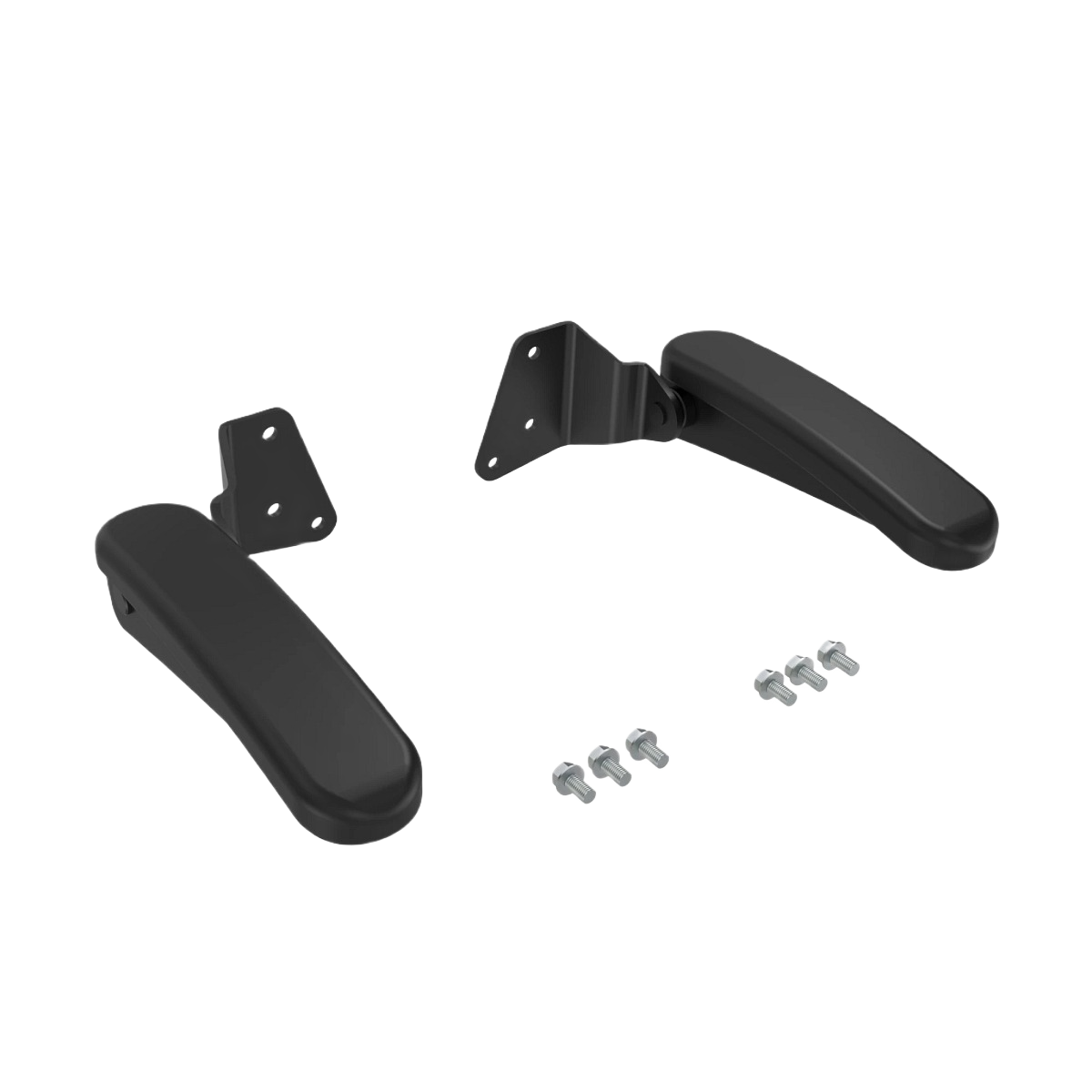 Pair of black adjustable armrests with metal brackets and mounting hardware for John Deere tool accessories collection