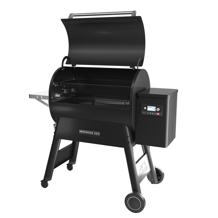 Matte black pellet grill with open lid, digital control panel, and steel legs on wheels for outdoor grilling use