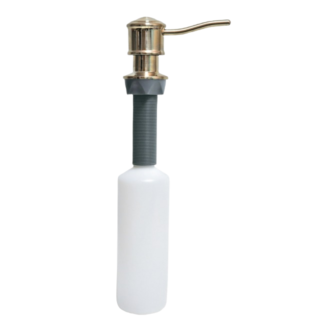 Universal soap dispenser with curved spout, brushed nickel finish, and 48-inch hose for plumbing parts and repair